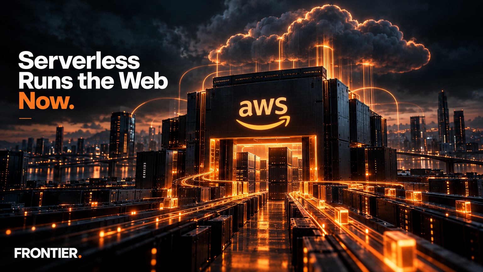 Frontier editorial art for AWS launches Lambda Web Functions, pushing serverless into the general-purpose web runtime