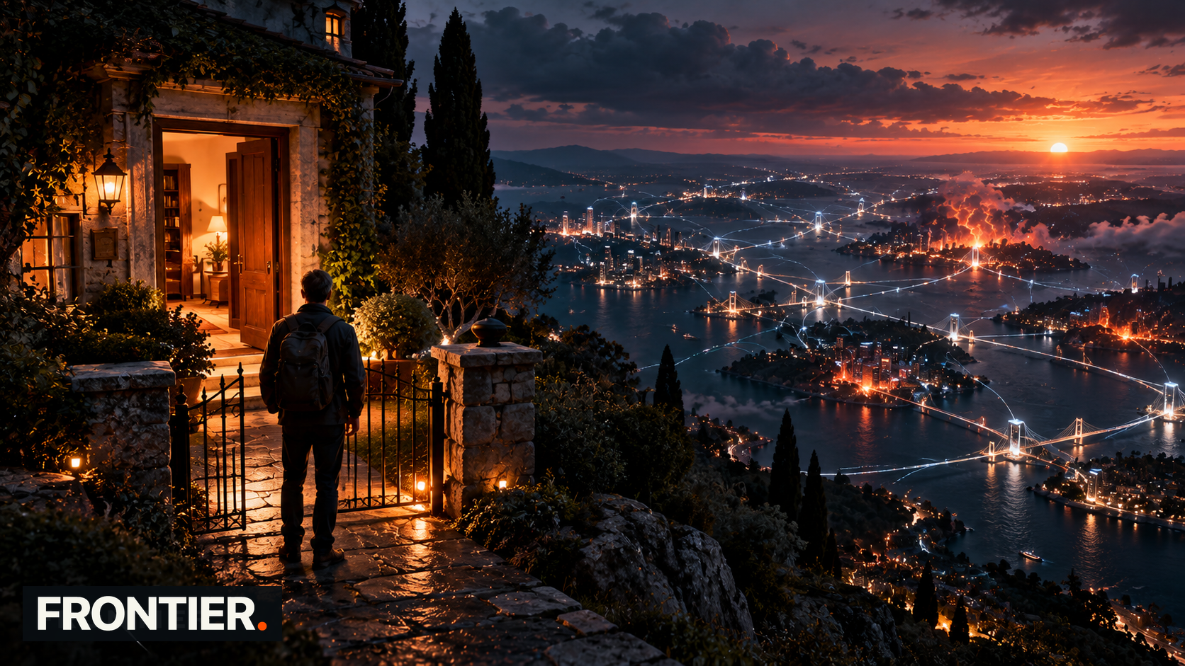 An open stone doorway overlooking a vast connected world at dusk, with the official FRONTIER. wordmark