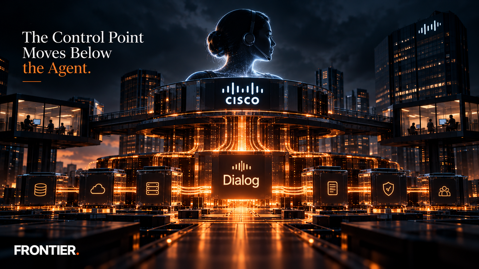 Frontier editorial art for Cisco Unveils Dialog as Customer-Service AI’s Control Point Shifts Below the Agent