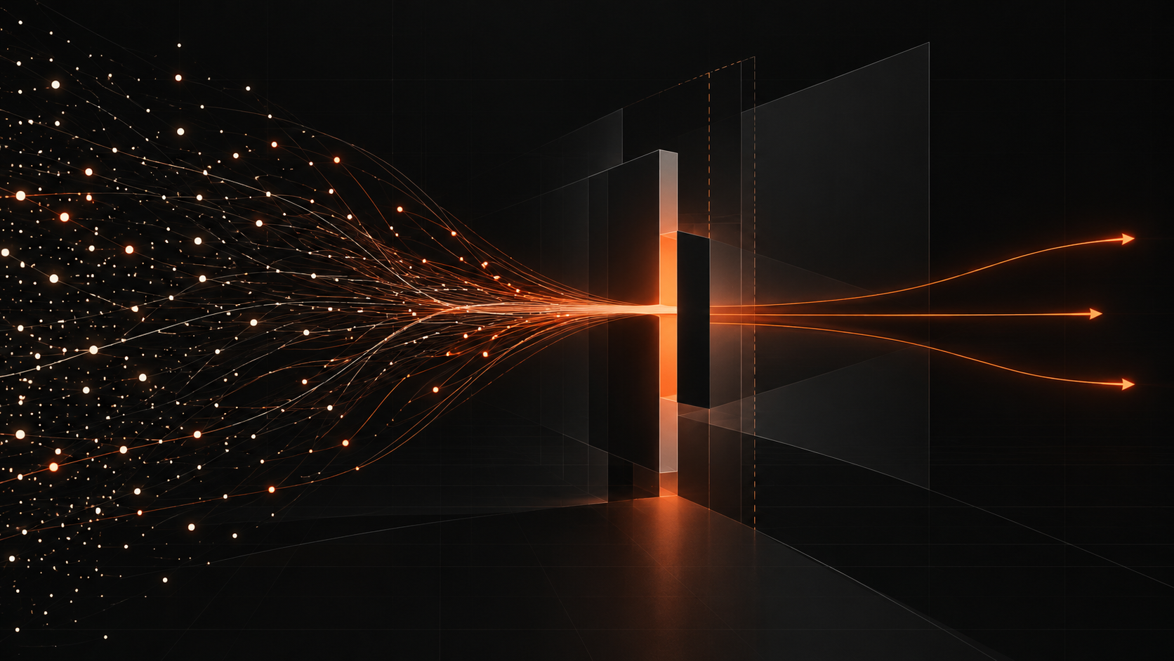 Customer signals converge through an orange decision gate into purposeful action paths on a graphite field.