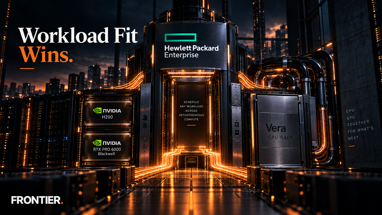 Frontier editorial art for HPE Adds Mixed-Nvidia Clusters and Vera CPU Rack as AI Infrastructure Shifts to Workload-Fit Compute