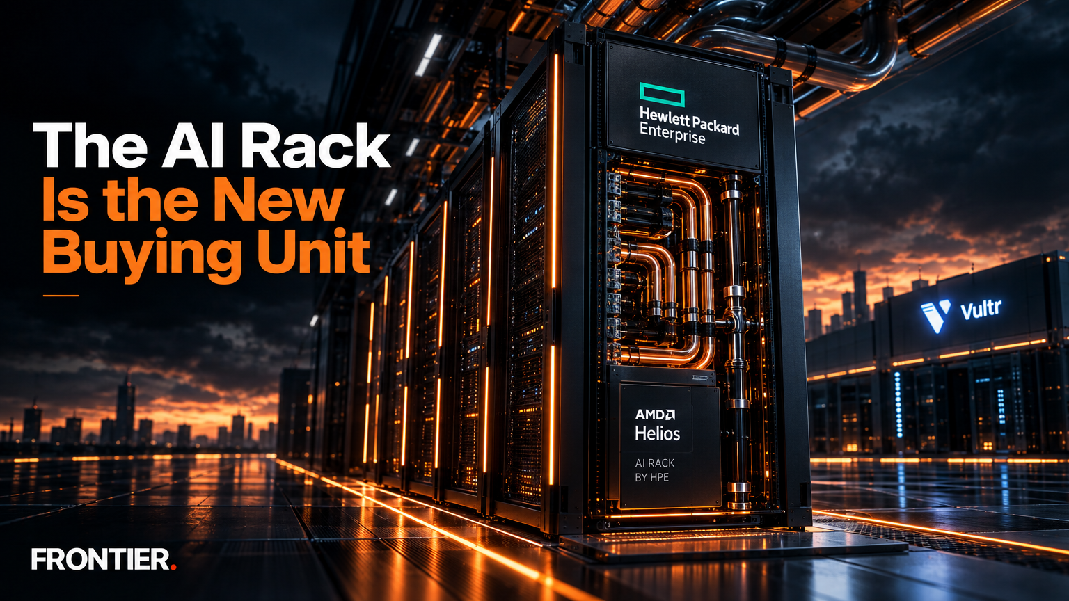 Frontier editorial art for HPE’s $1.2 Billion Vultr Helios Order Makes the AI Rack—not the Server—the Buying Unit