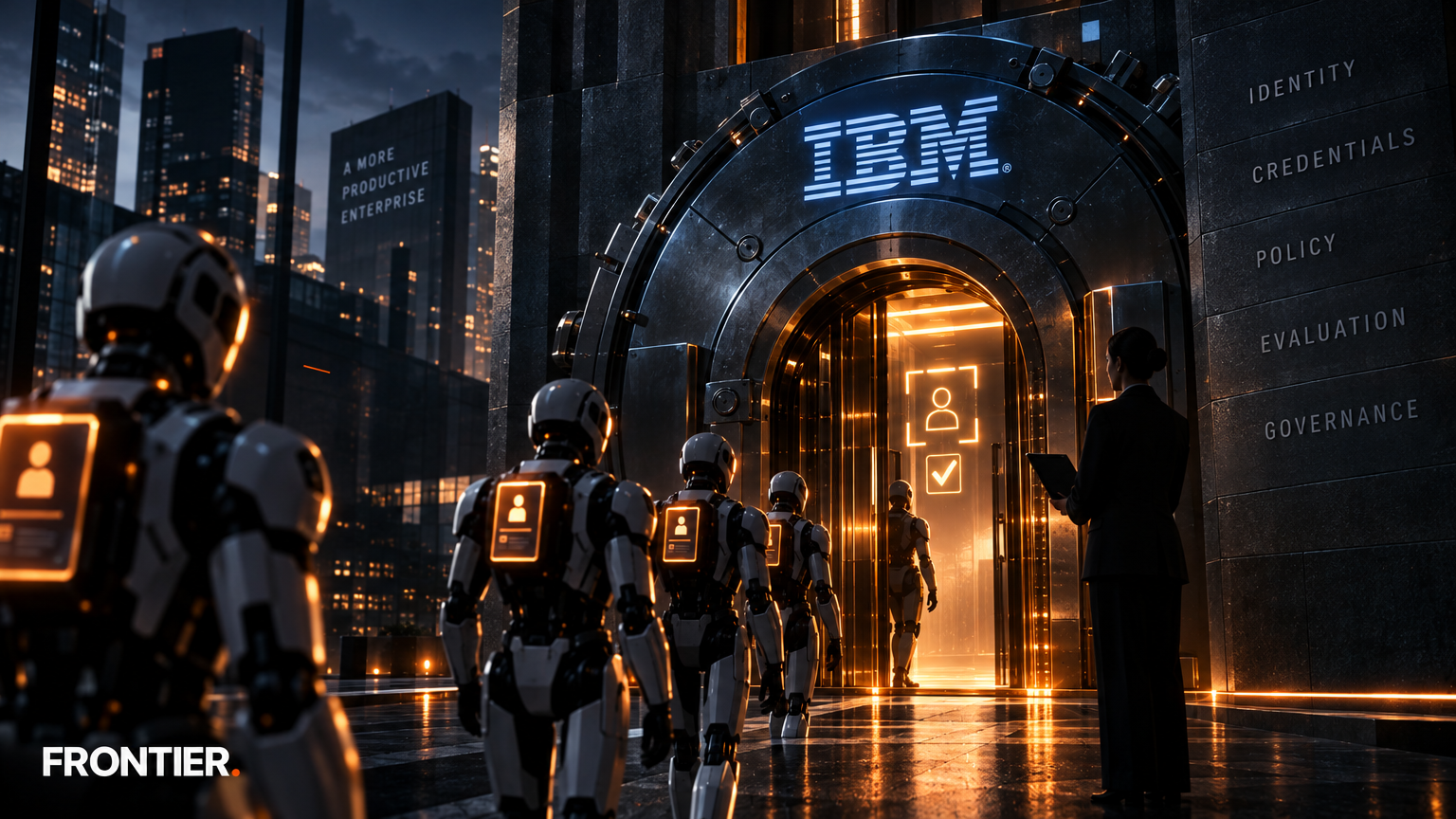 Frontier editorial art for IBM assembles an AI-agent control stack as delegated authority becomes an enterprise identity problem