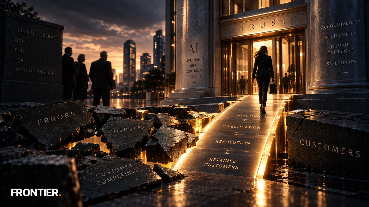 Frontier editorial art for Banking Regulators Tighten AI Scrutiny. CMOs Should Fund Recovery Before Reassurance.