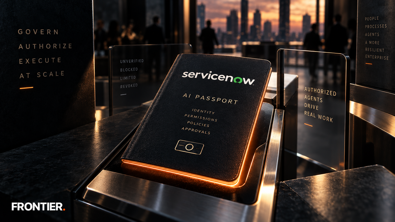 Frontier editorial art for ServiceNow’s AI Passport Turns Agent Governance Into a Platform Bet