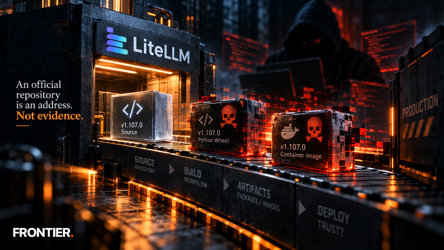 Frontier editorial art for LiteLLM’s Poisoned 1.107.0 Release Exposes the Failure of Repository-Based Trust