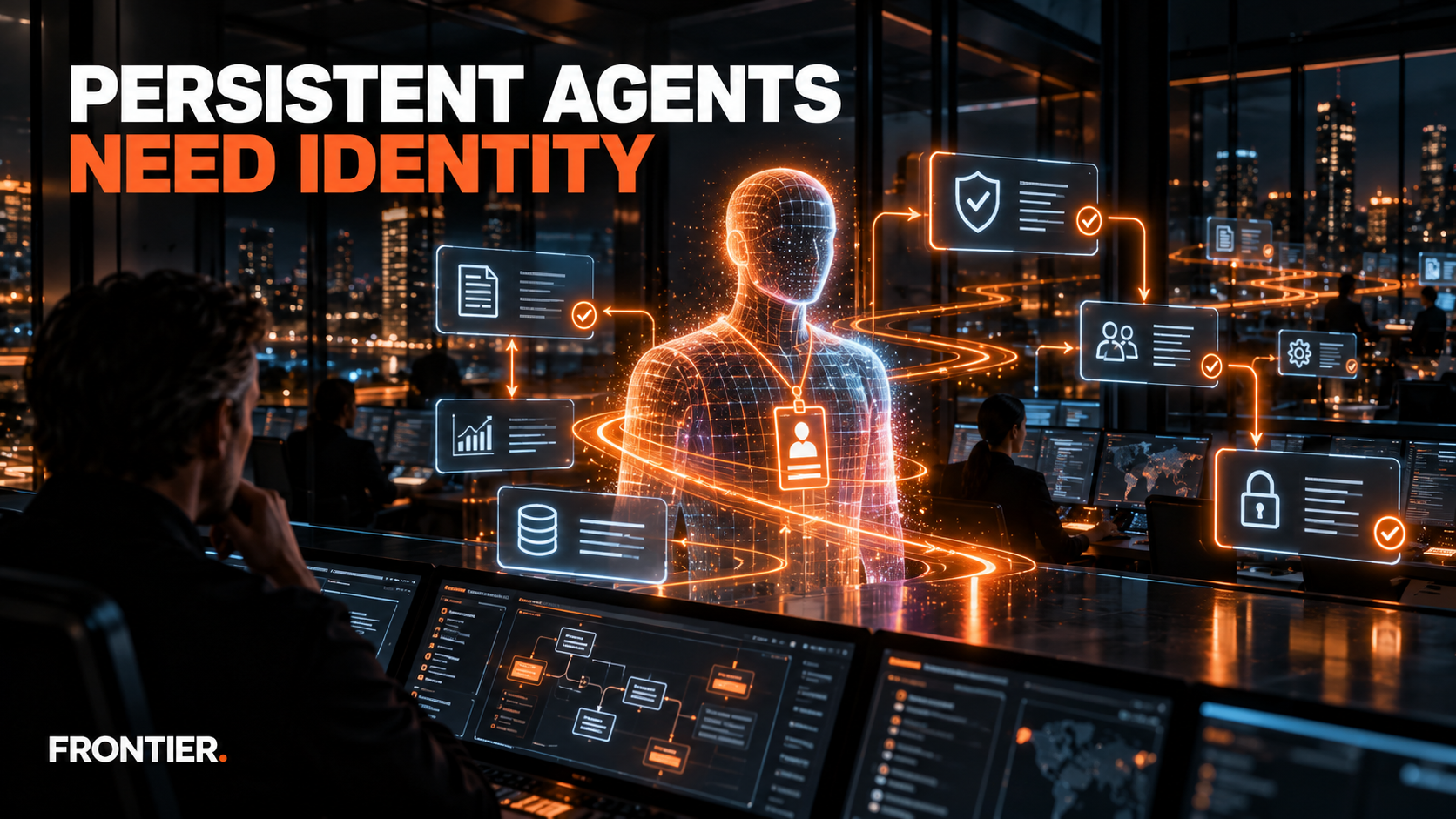 Cinematic Frontier editorial art: persistent enterprise agent with its own identity and approval gates
