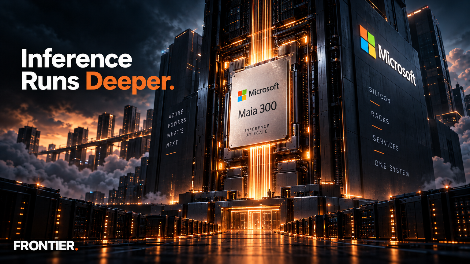 Frontier editorial art for Microsoft’s Maia 300 Push Makes the Integrated Inference Stack the New Cloud Battleground