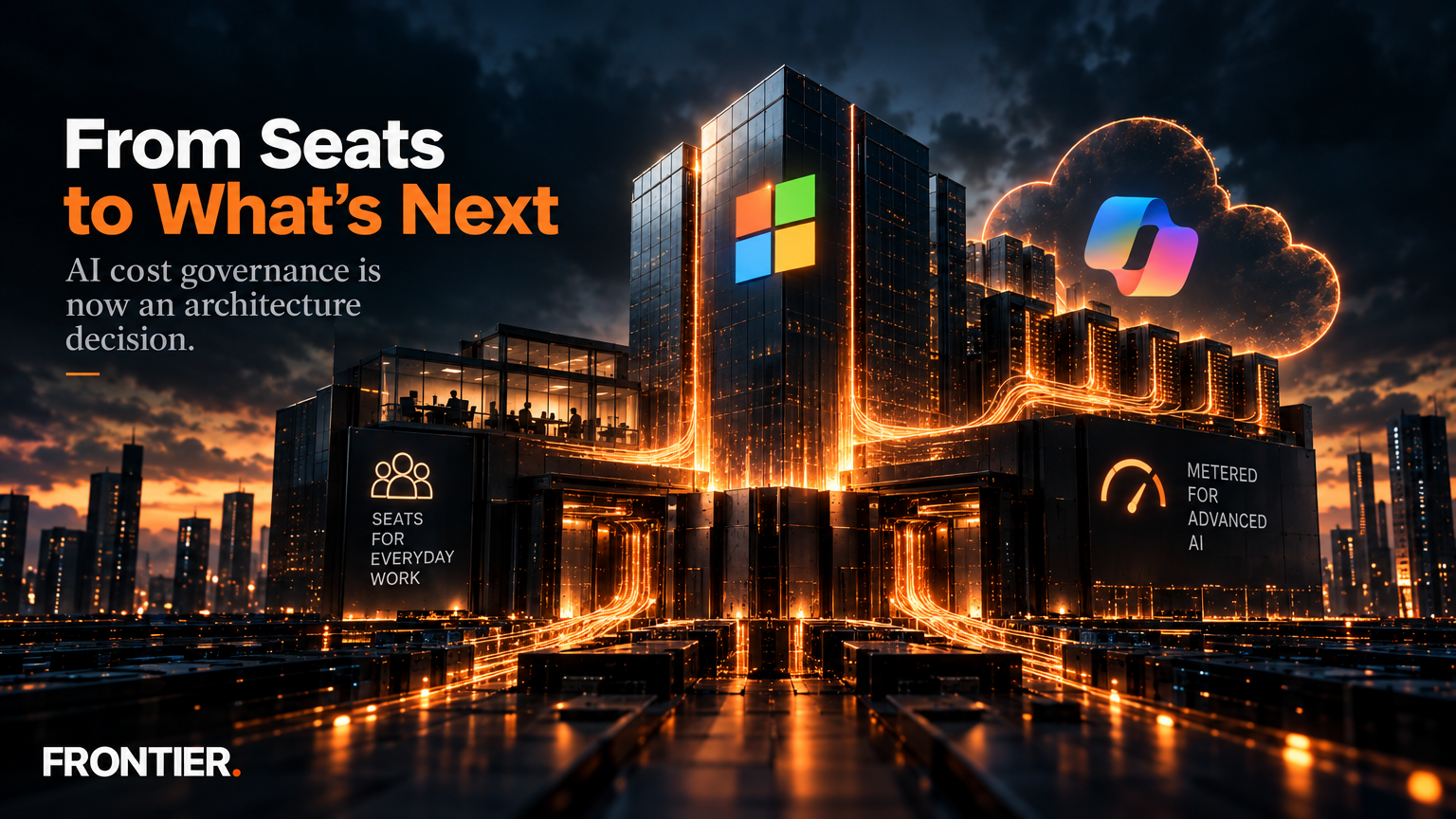 Frontier editorial art for Microsoft Will Default New CSP Copilot Business Sales to Metered Billing, Making AI Cost Controls an Architecture Decision