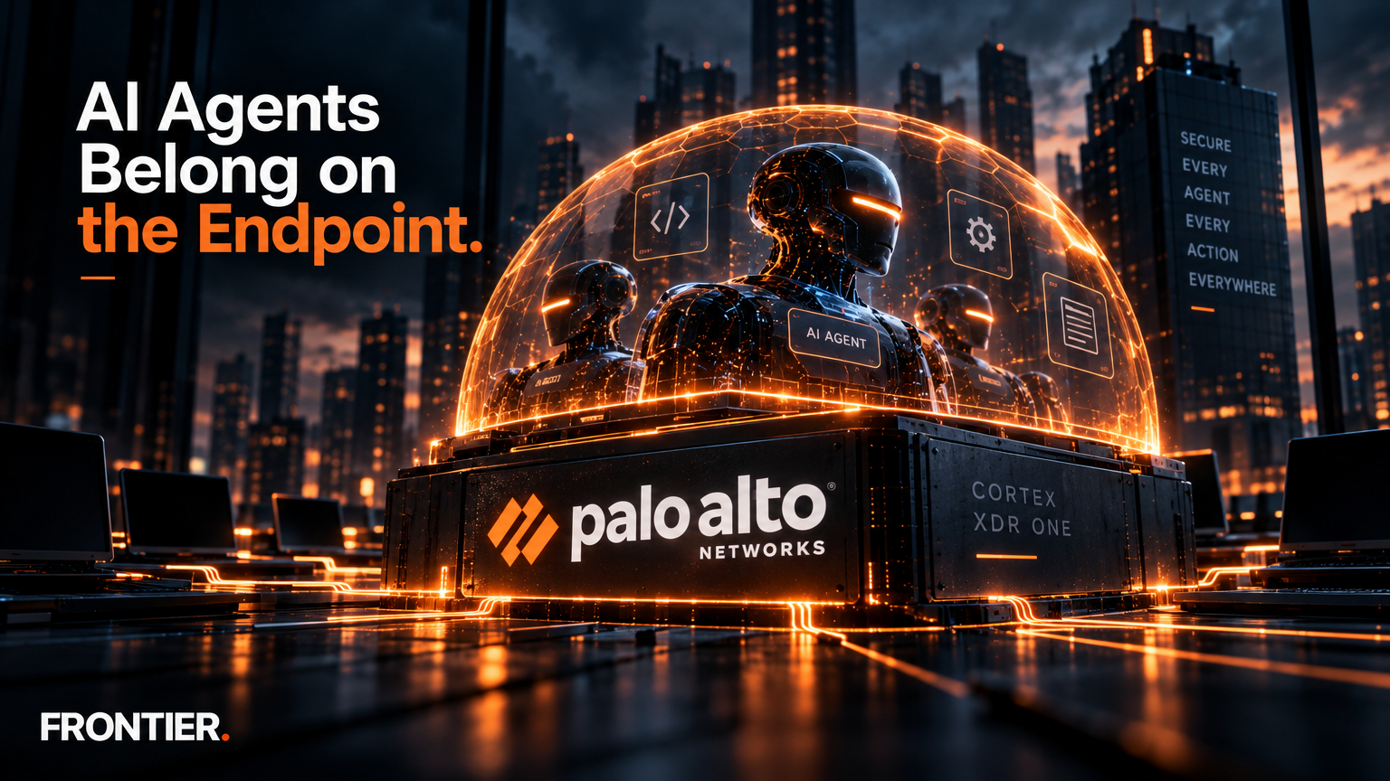 Frontier editorial art for Palo Alto Networks Unveils Cortex XDR One as AI Agents Become Endpoint Actors