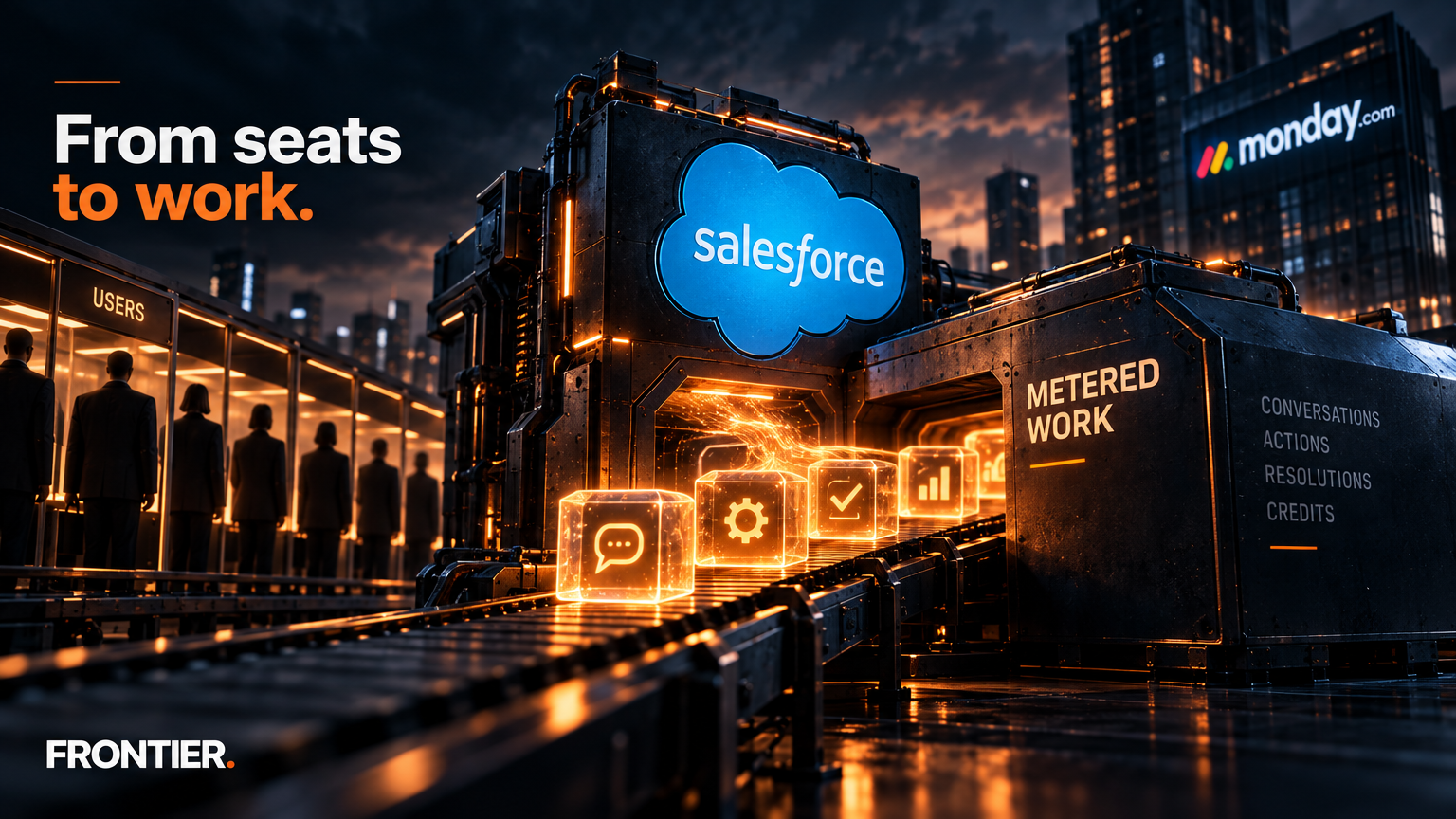 Frontier editorial art for Salesforce and monday.com Put AI Agents on Usage Meters, Breaking SaaS’s Seat-to-Value Link