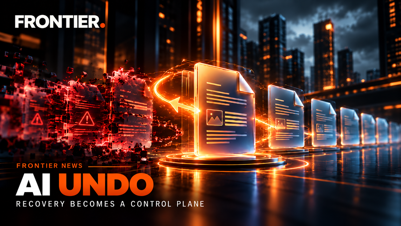 Frontier News cinematic AI Undo: a damaged enterprise document restored precisely amid agent-generated changes