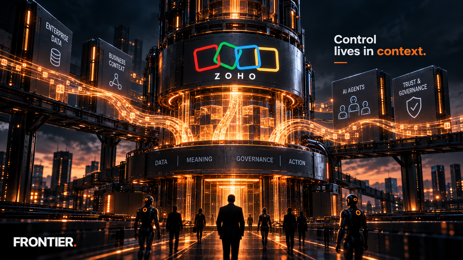 Frontier editorial art for Zoho Turns Analytics Into an Agent Context Layer—Moving Enterprise AI Control Beyond the Model
